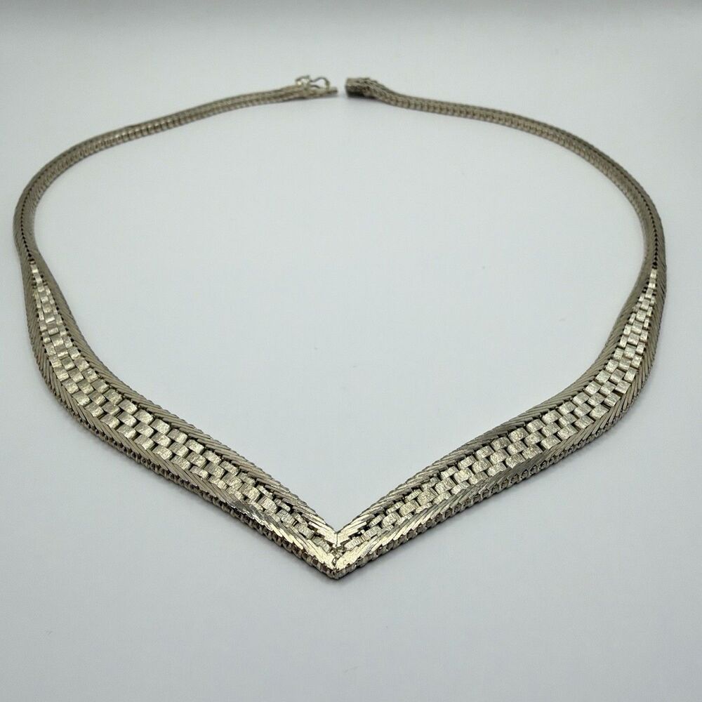 925 Sterling Silver Chevron V Shape Woven Mesh Necklace 16" 27.8g